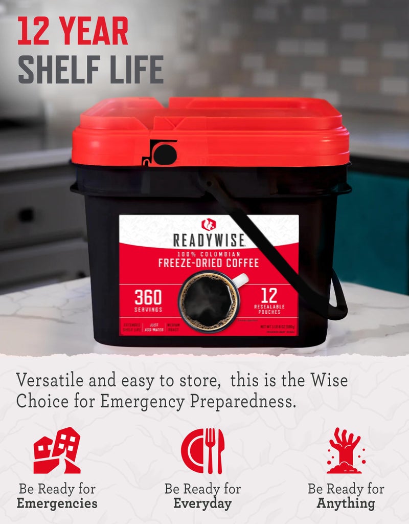 ReadyWise Emergency Food Supply - 360 Servings Freeze Dried Coffee Bucket, Survival Food, Instant Coffee Packets for Backpacking, Camping Essentials & Prepping Supplies, up to 15 Year Shelf Life - Image 3